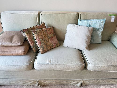 3-Seater Light Green Slipcovered  Sofa, Skirted Base with miscellaneous cushions (1 of 5)
