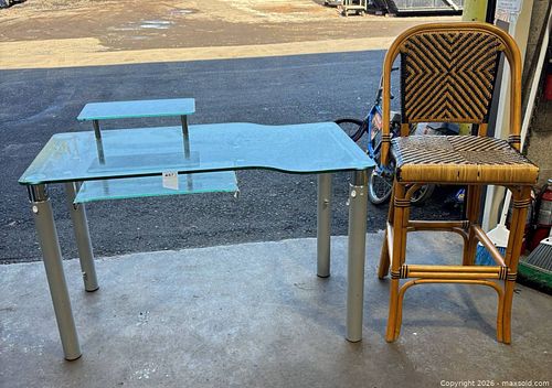 Glass and metal desk and wicker barstool/chair (1 of 6)