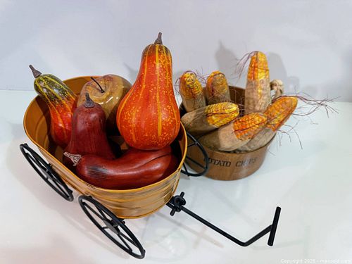 Decorative Metal Wagon with Faux Fruit and Wooden Bowl with Corn (1 of 3)