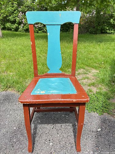 Vintage Primitive Wooden Chair in Turquoise & Brick Red (1 of 5)