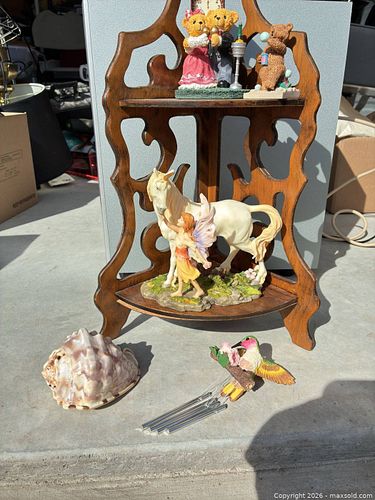Assorted Small Figurines, Seashell & 2-Tier Wood Display Shelf (1 of 4)
