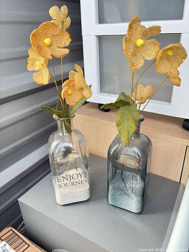 Pair of Decorative Smoky & Clear Glass Vases with Faux Flowers (1 of 5)