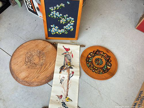 Round Wooden Framed Needlework Plaque with Birds & Floral (1 of 6)