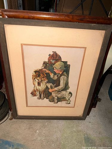 VINTAGE FRAMED NORMAN ROCKWELL MAKING FRIENDS BOY AND COLLIE PIC WOODEN FRAME  (1 of 3)