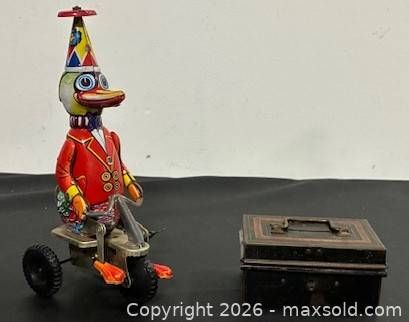 Vintage Metal Small Bank Chest (no key) / Retro Duck On Bike Tin Wind Up Toys  (1 of 5)
