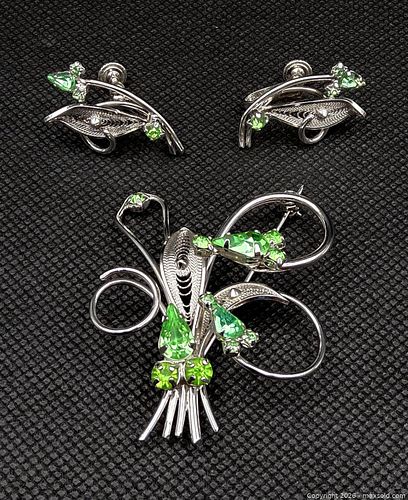 Gorgeous 1940s JAY FLEX Sterling Silver & Rhinestone Brooch & Earrings Jewelry Set (1 of 10)