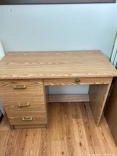 Light Oak Single-Pedestal Desk with Brass-Tone Hardware (1 of 6)