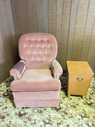 Mid-Century Pink Velvet Rocking Armchair & Wood Storage Side Table (1 of 9)