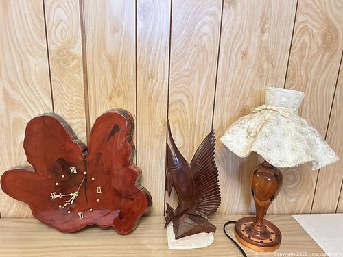 Wood Slab Clock, Carved Fish & Wood Table Lamp (1 of 10)