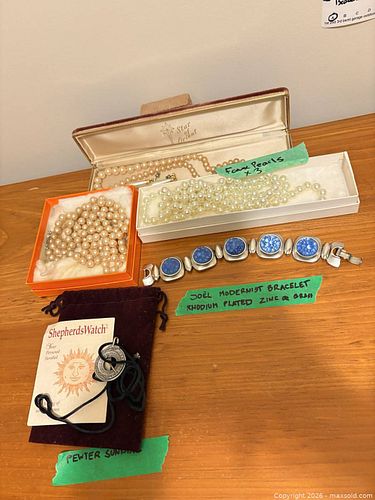 Jewelry:  Faux Pearl Necklaces, Bracelet, Pewter Pendant/Sundial A (1 of 18)