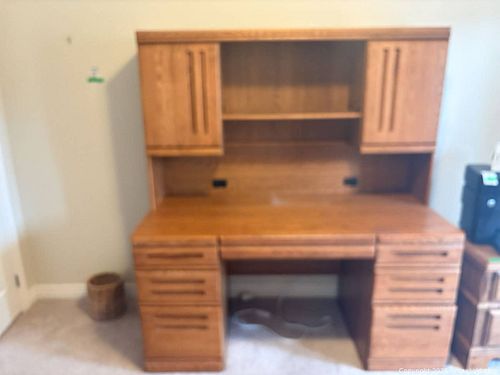 Oak Veneer Desk with Hutch, Keyboard Tray & Multiple Drawers C (1 of 9)