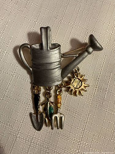 FUN VINTAGE WATERING CAN BROOCH PIN W/ GARDEN TOOLS HANGING DOWN  (1 of 4)