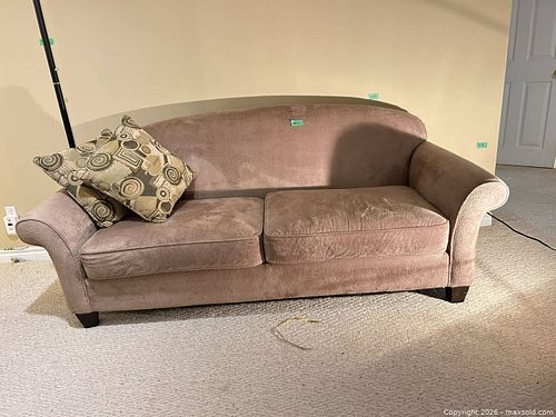 Taupe Microfiber Couch with Rolled Arms & Wood Legs (1 of 9)