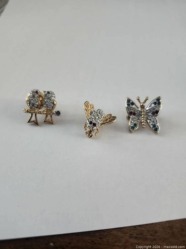 Set of 3 Gold-Tone Animal & Insect Brooches with Rhinestones (1 of 3)
