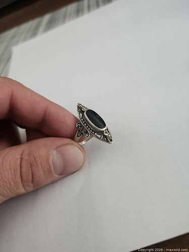 Sterling Silver Black Onyx Ring with Marcasite, Art Deco (1 of 6)