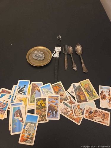 Pewter frog on lily pad brass plate cat watch silver plated spoons and fork WWF cards (1 of 11)