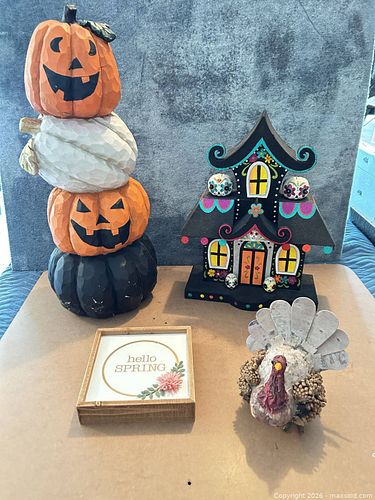 Multi-Item Seasonal Home Decor Lot: Stacked Pumpkins, Halloween House, Spring sign, Turkey (1 of 5)