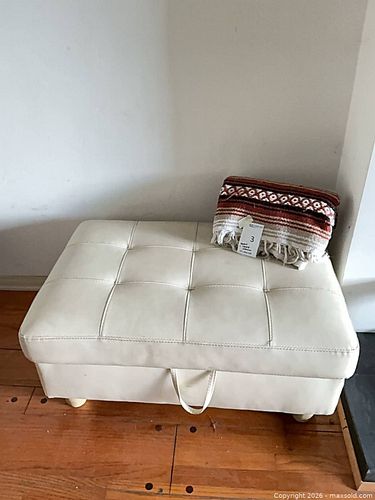 Cream Faux Leather Storage Ottoman with Wood Legs (1 of 8)