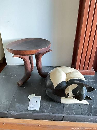 Hand-Carved Wooden Stool & Painted Wood Cat Sculpture (1 of 6)