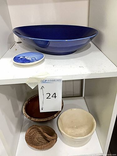 Lot of 5 vintage bowls, trivet & wicker basket — Rorstrand, Hull, Danish faience (1 of 9)