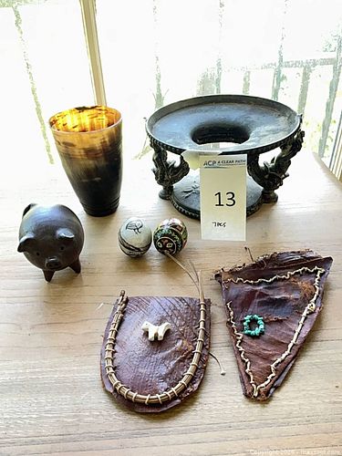 Mixed decorative lot: metal tazza, wood pig, tumbler & eggs (1 of 8)