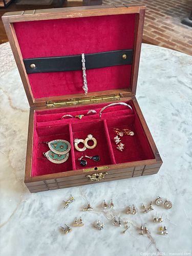 Wood Jewelry Box with Leatherette Top and Assorted Costume Jewelry (1 of 9)