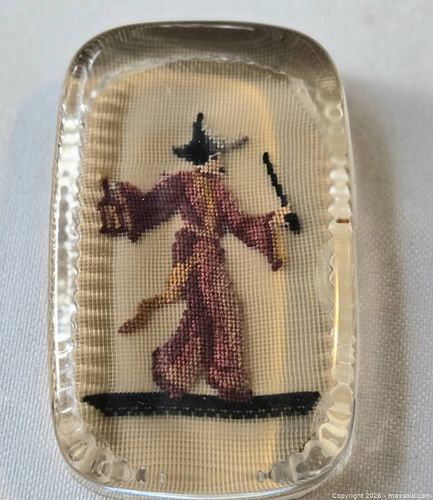 Vintage Needlepoint Figure Glass Cabochon Paperweight (1 of 1)
