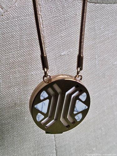 Jewelry.  Brass/ yellow gold toned long necklace with absorbent stone (1 of 4)