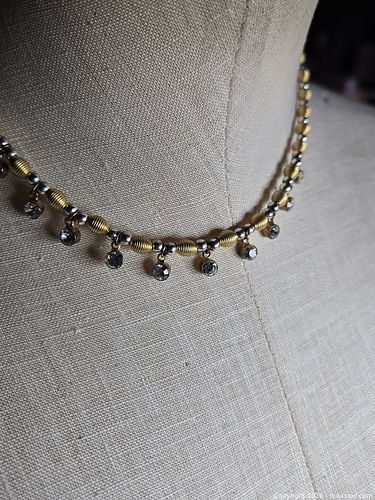 Jewelry.  Collar necklace.  Gold/ brass  and silver tones with faux diamonds.  (1 of 3)