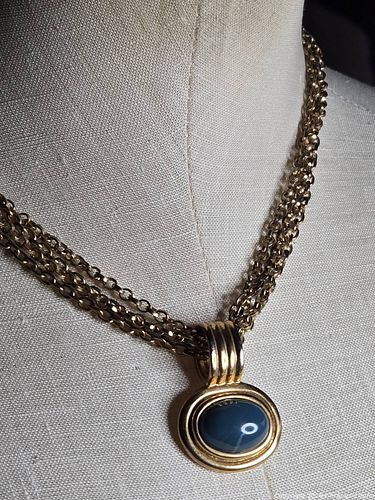 Jewelry.  Gold/ Bronze toned collar necklace with blue  stone and gold pendant (1 of 4)