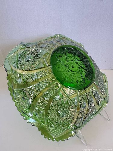 Imperial Carnival Glass Helios Green Octagon 11” Square Bowl (1 of 6)