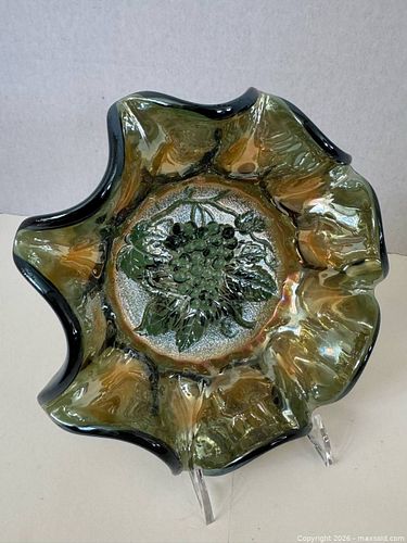 Imperial Heavy Grape Helios Green Carnival Glass Small Berry Bowl (1 of 6)