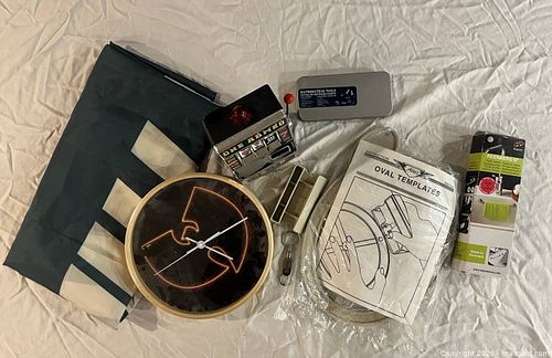 Mixed Collectible Lot: Slot Bank, Clock, Templates, Key Tool (1 of 9)