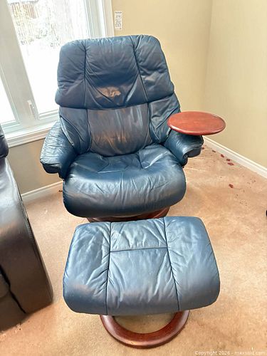 Blue Leather Swivel Recliner with Ottoman and Adjustable Tray D (1 of 10)