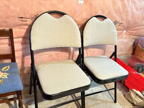 Pair of Folding Padded Fabric Chairs — Beige Seats, Black Metal Frame C (1 of 8)