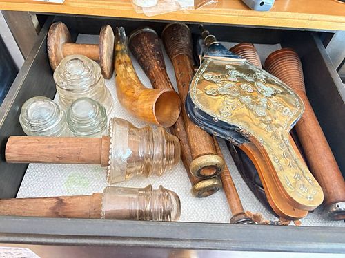 Vintage Mixed Lot: Glass Insulators, Wooden Spools, Bellows, Horn B (1 of 14)