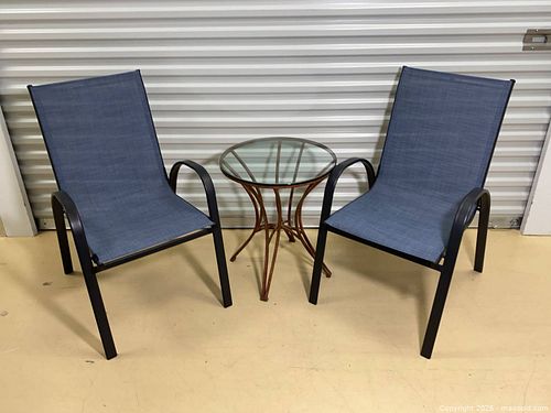 Blue Sling Patio Chairs with Wrought Iron Glass Table Set (1 of 18)