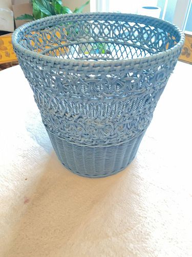 Blue Painted Wicker Wastebasket / Trash Bin, Medium (1 of 3)