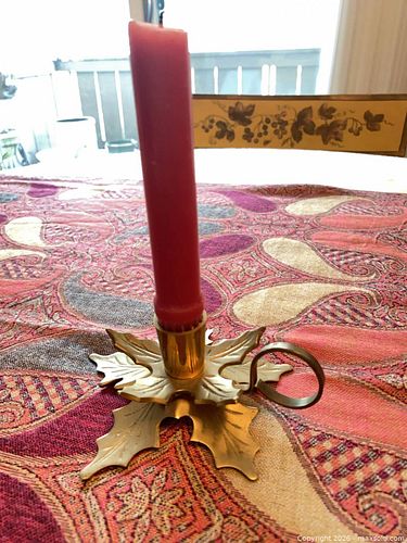 Brass Victorian Leaf Motif Chamberstick with Ring Handle (1 of 3)