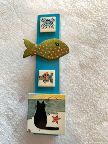 Painted Wood Cat & Fish Beach Wall Plaque with Ceramic Tiles (1 of 4)