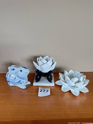 Blue & White Rabbit Coin Bank with White Lotus Candle Holders ++ (1 of 14)
