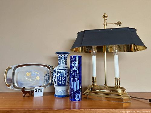 Brass Piano Lamp, Blue & White Porcelain & Cobalt Vases, Tray (1 of 21)