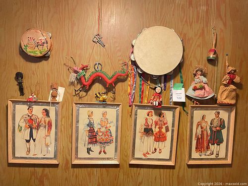 Vintage Folk Marionette, Dolls, Framed Prints & Tambourine Lot (1 of 10)