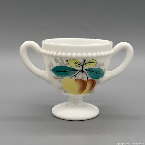 Mid-Century Milk Glass Two-Handled Sugar Bowl with Hand-Painted Peaches (1 of 4)