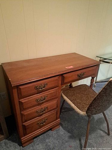 Traditional Brown Veneer Desk with 5 Drawers and Chair (1 of 4)