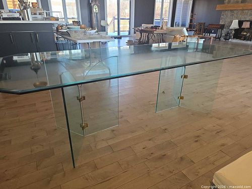 Large Rectangular Glass Dining Table with Brass Hardware (1 of 12)