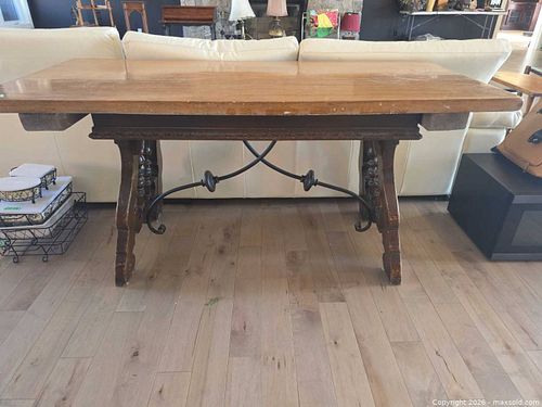Solid Wood Antique Dining Table with Wrought Iron Stretchers (1 of 9)