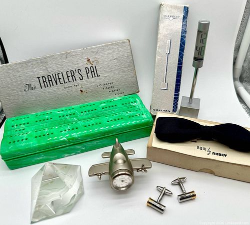 Vintage Curios & Desk Treasures Lot – Cribbage Set, Airplane Clock, Crystal, Cufflinks… (1 of 16)