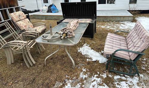 Patio Dining Set: Glass Table, Glider Loveseat, Chairs & Storage (1 of 5)