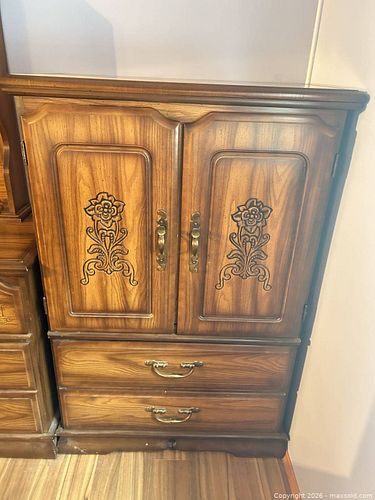 Traditional Medium Brown Veneer Armoire with Carved Panels (1 of 6)